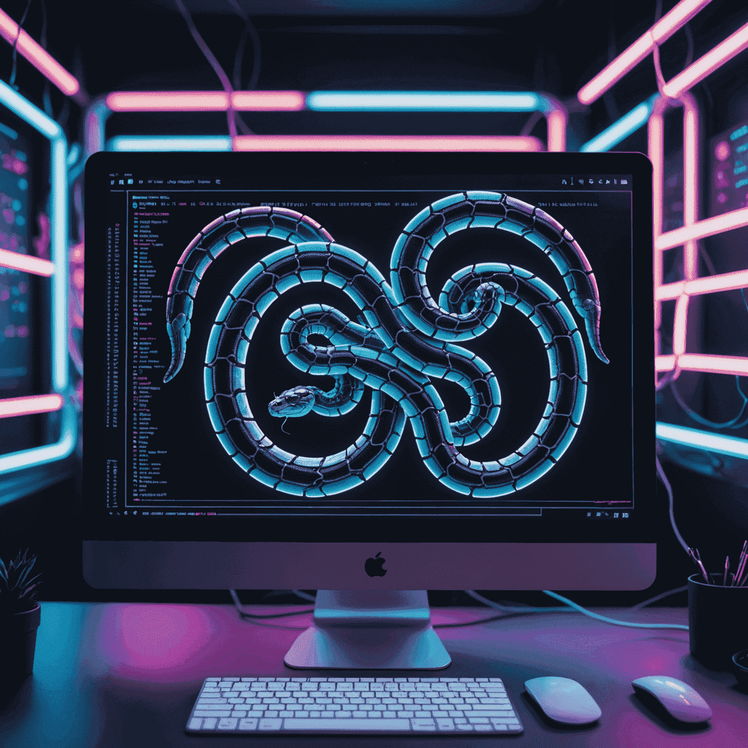 Изображение кода Python на экране компьютера, окруженного яркими неоновыми огнями, символизирующими начало увлекательного путешествия в мир программирования