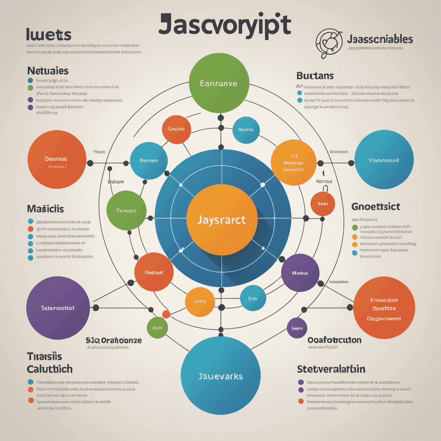 Интерактивная диаграмма, показывающая основные концепции JavaScript: переменные, функции, объекты и события